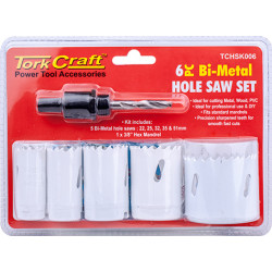 HOLE SAW SET 6PCE BI-METAL (22/25/32/35/51MM and 3/8 HEX MANDREL)